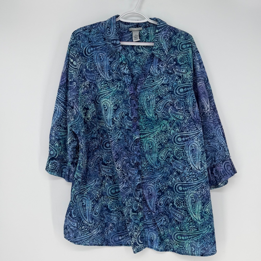 Liz & Me Catherines Shirt Womens 2X Blue Paisley Batik Cotton Tunic Boho Artsy